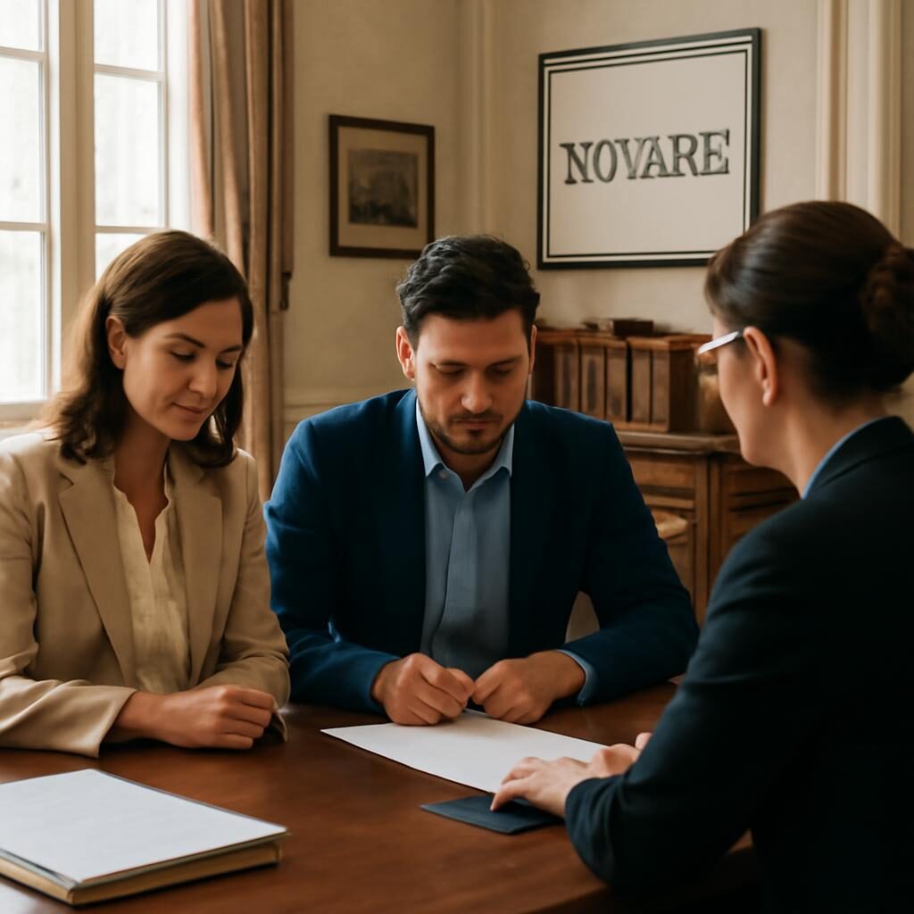 Couple signant les documents de divorce devant un notaire