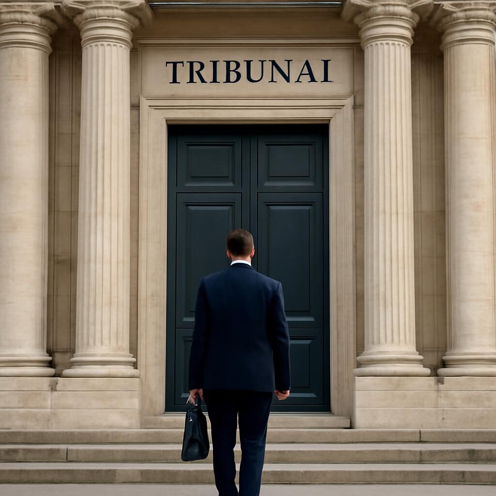 Personne devant l'entrée d'un tribunal judiciaire français