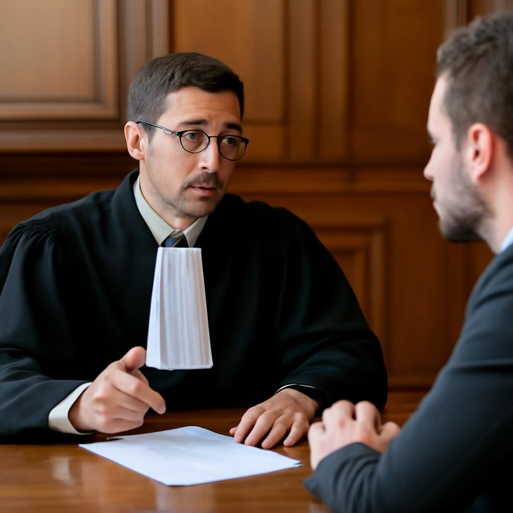Avocat en robe noire consultant son client avant une audience