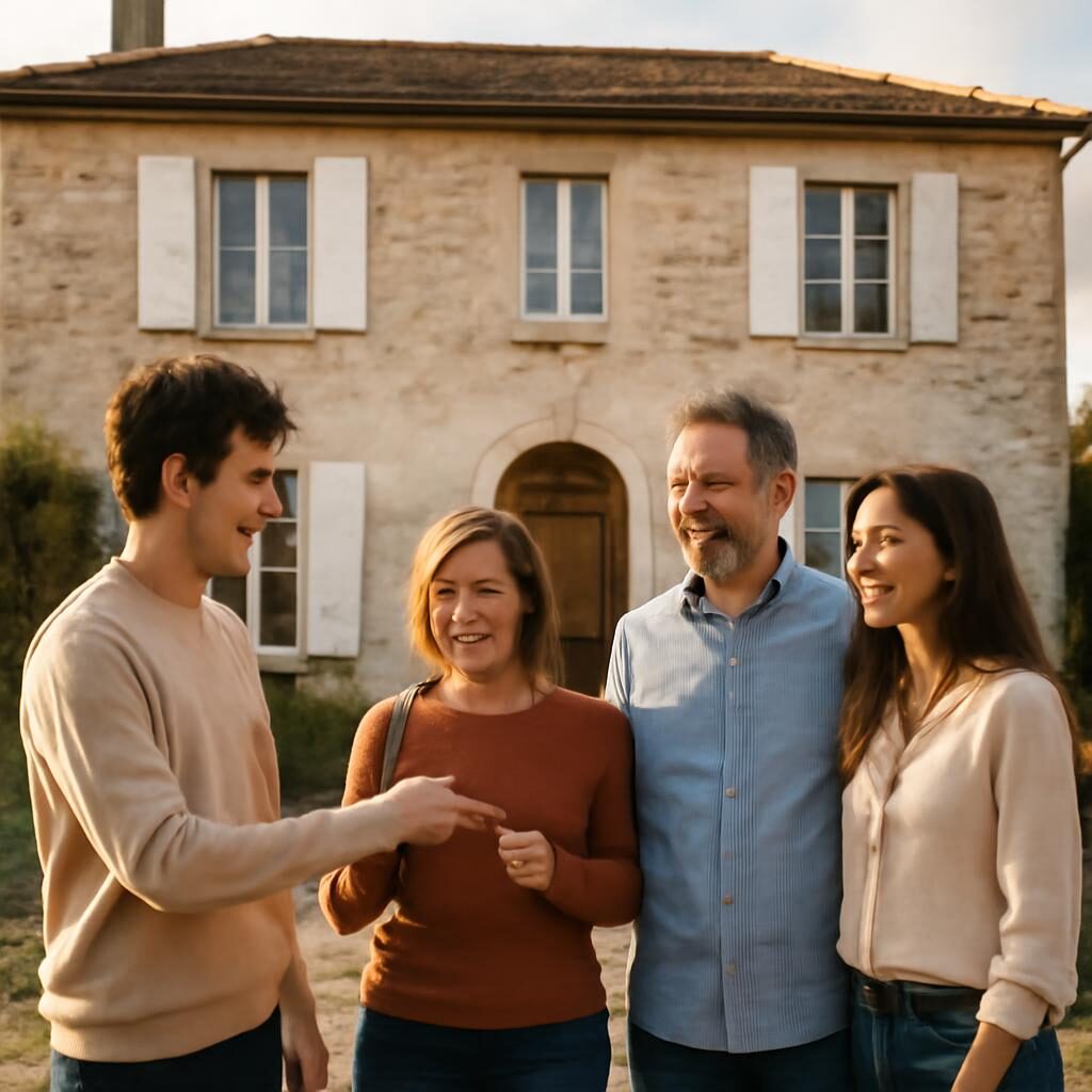 Famille devant une maison reçue en donation